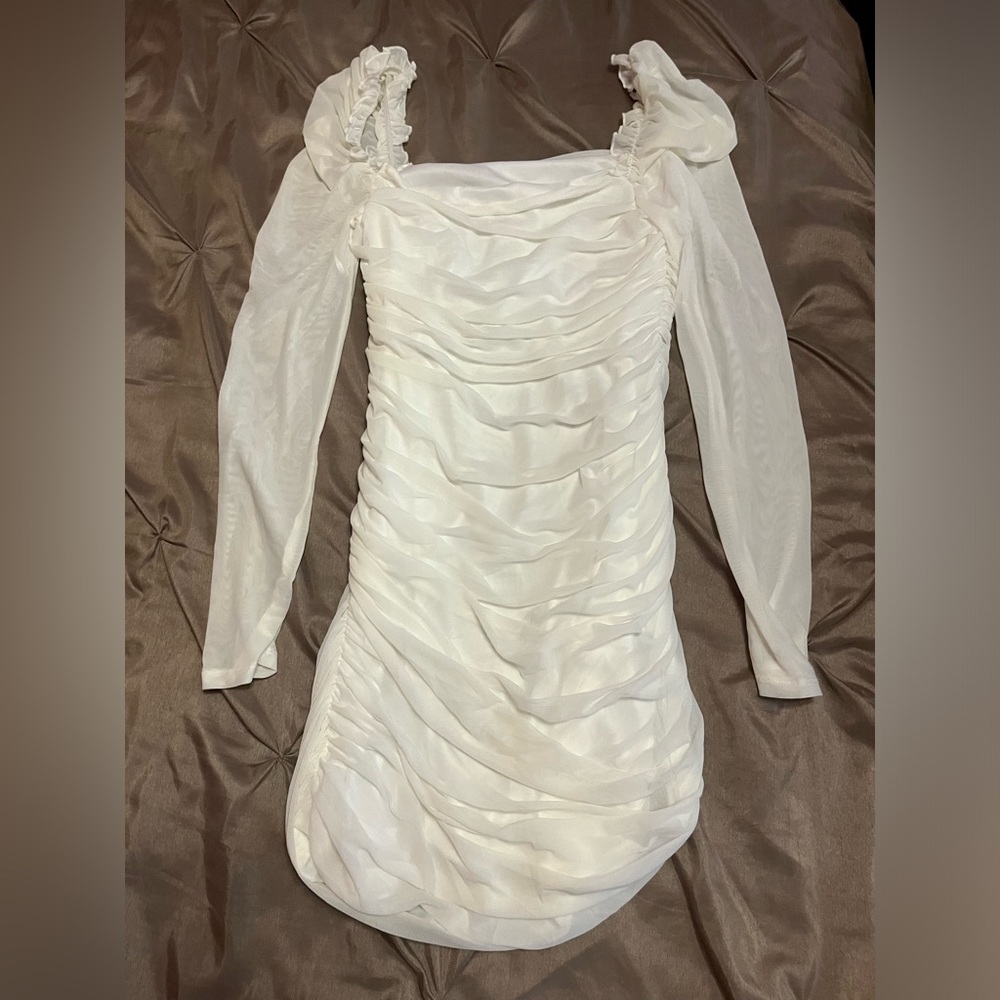 Ruched White Mini Dress with Mesh Cap Sleeve into Full  Length Sleeve🤍